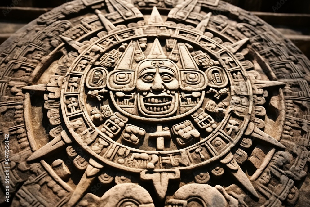 Close-up of ancient Aztec Mayan calendar carved on stone. Generative AI