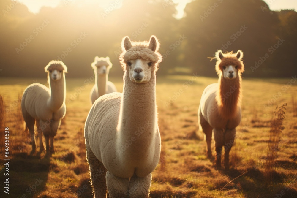 Alpacas grazing in a farm field. Generative AI