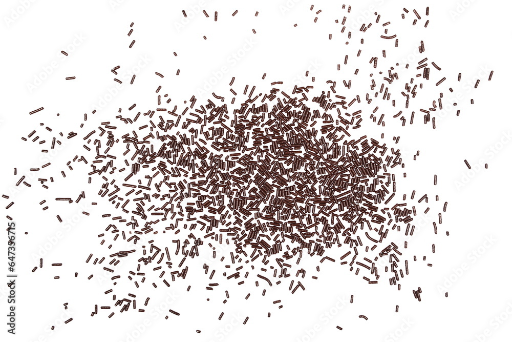 Chocolate sprinkles scattered, granules isolated on white background and texture, top view