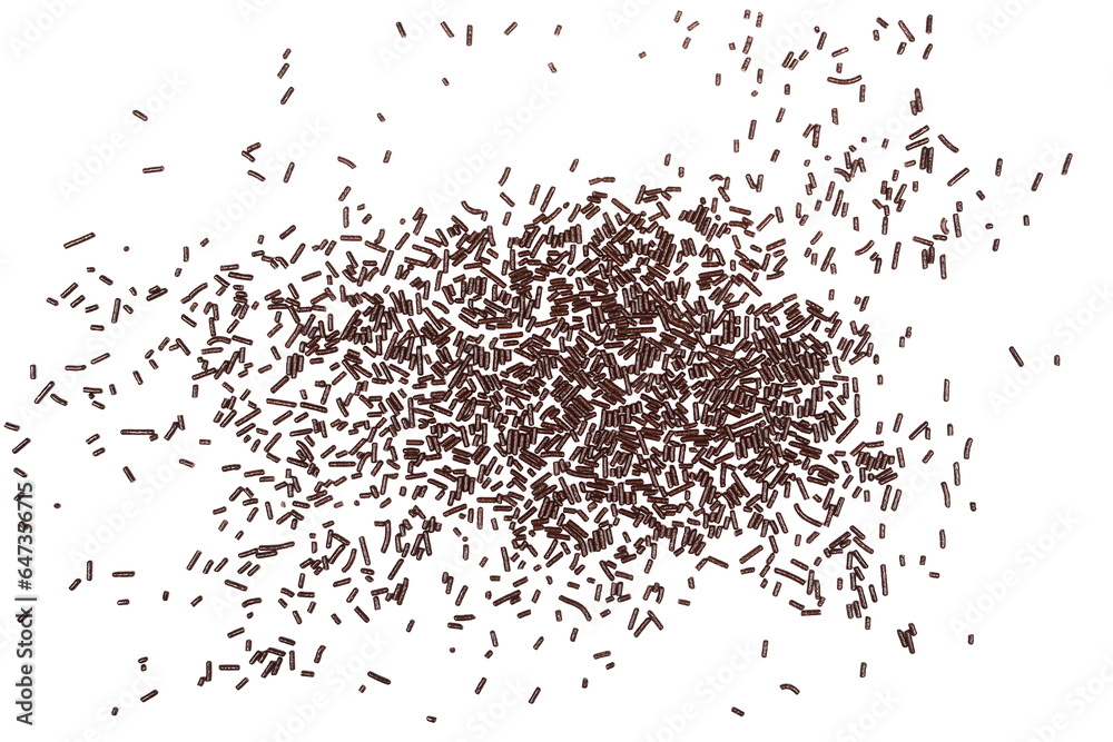 Chocolate sprinkles scattered, granules isolated on white background and texture, top view Chocolate sprinkles scattered, granules isolated on white background and texture, top view