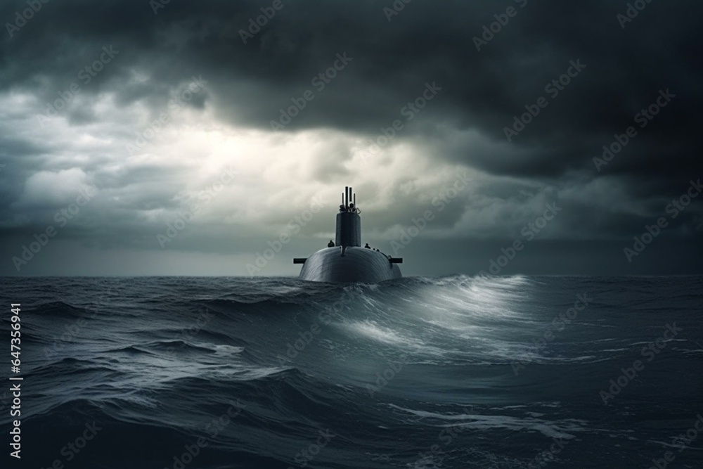 Military submarine maneuvers in the Northern oceans with a dramatic atmosphere. Generative AI