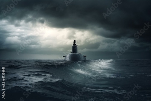 Military submarine maneuvers in the Northern oceans with a dramatic atmosphere. Generative AI
