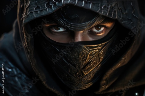 A close-up of an assassin, dressed in black armor. The assassin's face is partially obscured by a helmet
