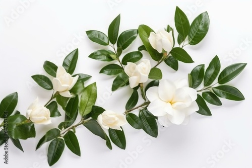 Arrangement of gardenia flowers on stalks and leaves in a flat lay shot, isolated on white background with copy space. Generative AI photo