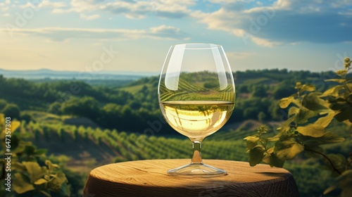 Glass of white wine on a barrel in the countryside.