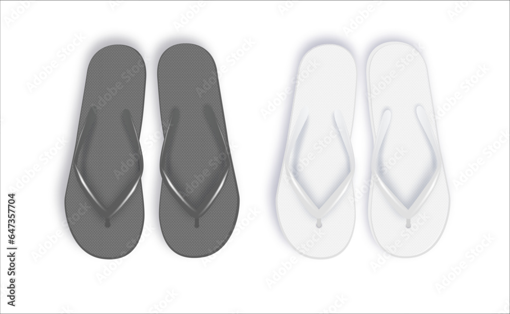 Realistic 3d White and Black Blank Empty Flip Flop Closeup Isolated on White Background. Design Template of Summer Beach Flip Flops Pair Mockup. Vector Realistic 3d White and Black Blank Empty Flip Flop Closeup Isolated on White Background. Design Template of Summer Beach Flip Flops Pair Mockup. Vector