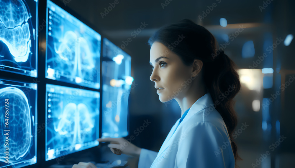 Determined female neurologist in medical hospital, neuroscientist, screen scan, brain map - obrazy, fototapety, plakaty 