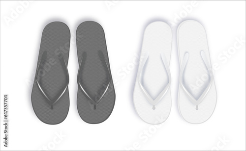 Realistic 3d White and Black Blank Empty Flip Flop Closeup Isolated on White Background. Design Template of Summer Beach Flip Flops Pair Mockup. Vector