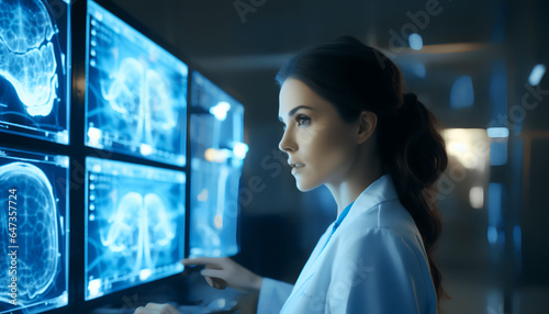 Determined female neurologist in medical hospital, neuroscientist, screen scan, brain map