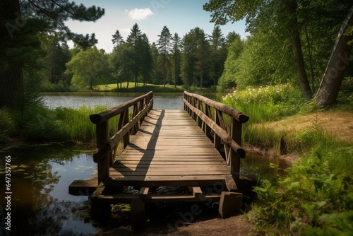 Photo wooden footbridge by the lake. Generative AI