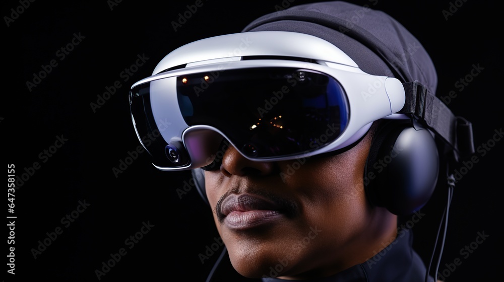 Título: African American black male using a futuristic mixed reality XR headset. VR, AR, MR, Metaverse. Título: African American black male using a futuristic mixed reality XR headset. VR, AR, MR, Metaverse.