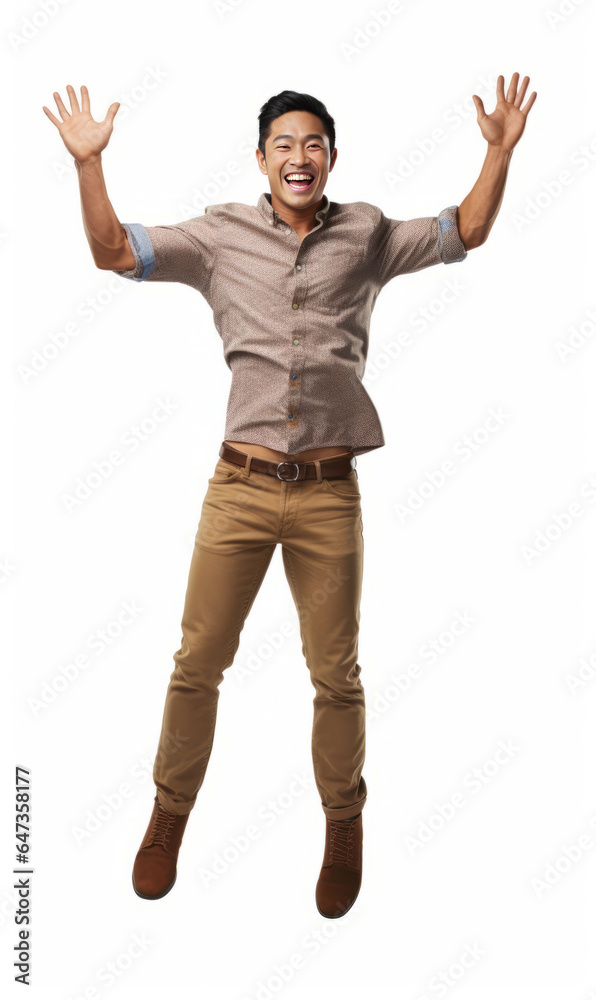 Excited young Asian man jumping in the air, isolated on white background
