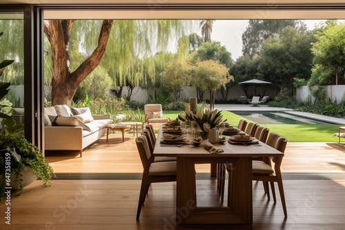 Contemporary dining and living area with garden view  open doors  wooden floors  sizable garden  wooden patio. Generative AI