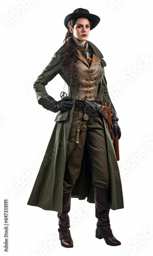Victorian woman in trench coat and hat with guns isolated on white