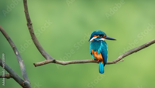 Adorable colorful bright kingfisher with blue feathers sitting on thin branch against green background in nature.