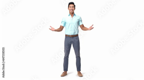 Full length portrait of happy young man in blue shirt on white background