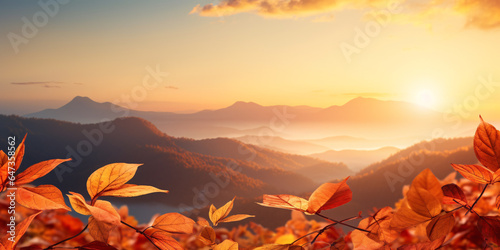 Yellow coloured autumn leaves of a tree and mountain landscape in the background. Generative Ai