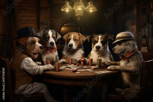 Three dogs playing poker and smoking in a pub. Generative AI