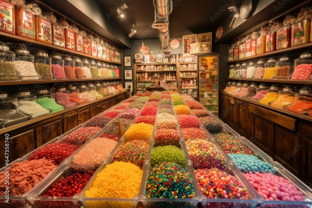 Colorful confectionery store filled with various candies and sweets. Generative AI