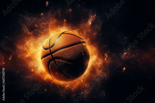 Black basketball with scratches and rotating particles under spotlight on a metallic background. Impressive 3D illustration. Generative AI © Endellion