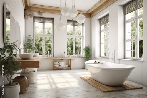 Bright and natural bathroom with bathtub and twin washbasins. Generative AI © Selena