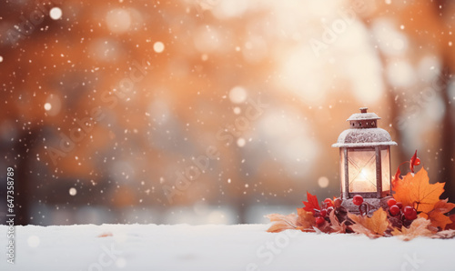 Autumn postcard with snowy landscape with decorative lamp and leaves. digital AI
