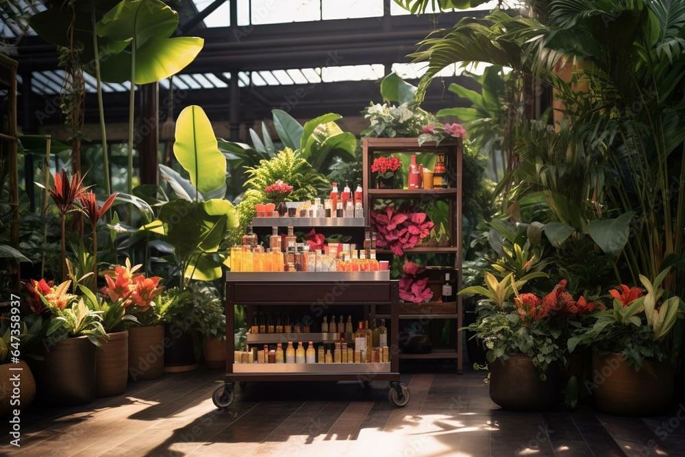 Display your sustainable products on a verdant platform amidst a colorful tropical setting. Generative AI