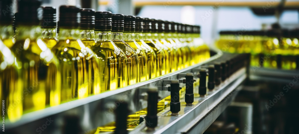 Bottled vegetable oil production in the factory of edible, Sunflower oil in the bottle moving on the production line