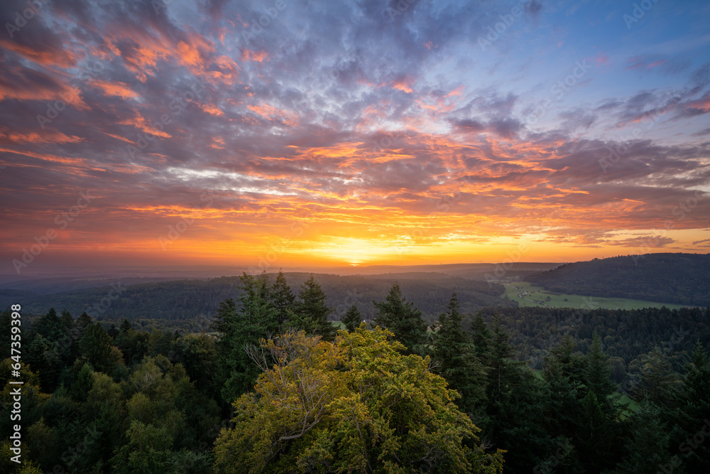 Colourful sunrise over the northern Black Forest in late summer