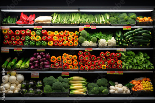 many vegetables on shelves in a supermarket, generative ai 