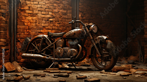 old motorcycle is against bricks, generative ai 