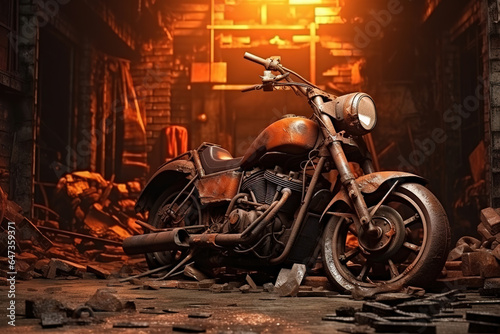old motorcycle is against bricks, generative ai 