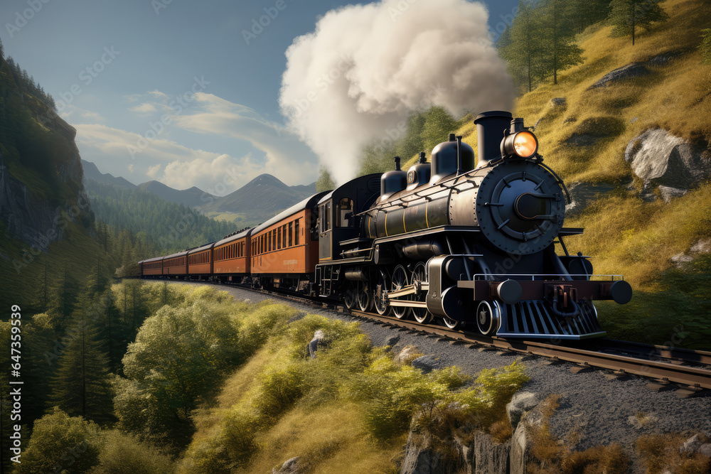Obraz premium A vintage steam locomotive chugging along a scenic railway, symbolizing the early days of train travel. Generative Ai.