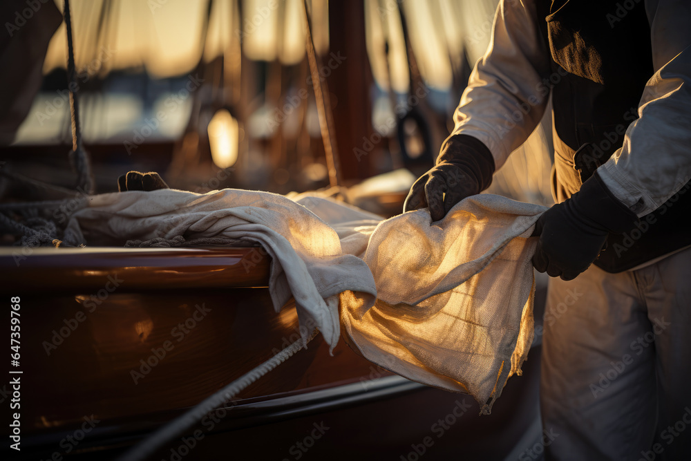 A close-up of a person's hand adjusting the sails on a classic sailing yacht, highlighting maritime advancements. Generative Ai.