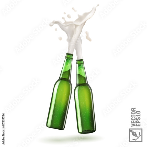 two green beer bottle toasting creating splash, 3D realistic vector set