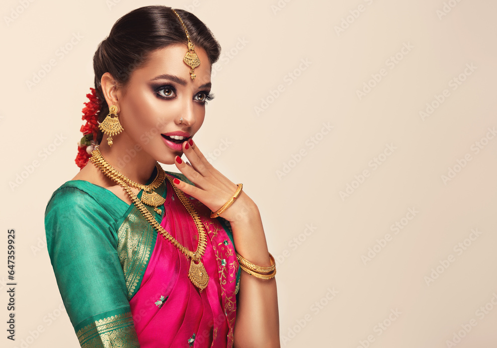 Portrait of beautiful south indian woman . Young India model girl with