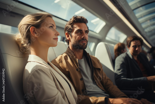 Passengers in a sleek and modern high-speed train, highlighting the latest advancements in rail travel. Generative Ai.