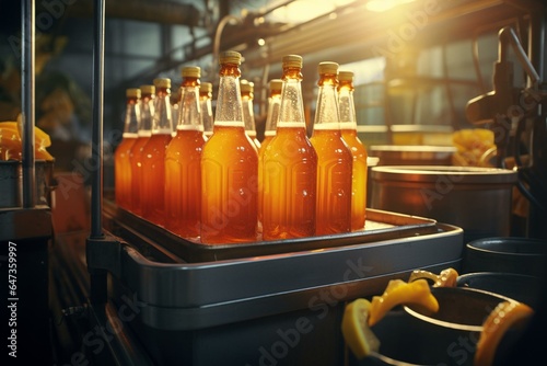 A factory bottling orange juice into bottles during golden hour. Generative AI