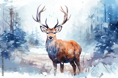Artistic depiction of a deer in wintry watercolor style. Generative AI