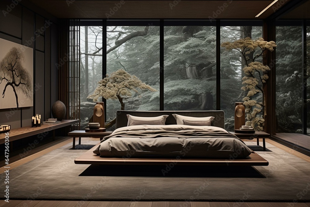 Sleek Japanese-themed bedroom adorned with bonsai, slatted panels, and wooden parquet flooring, featuring a refined grey bed. Generative AI - obrazy, fototapety, plakaty 