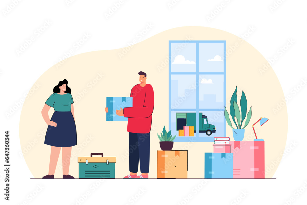 Happy couple packing essentials vector illustration. Man and woman holding cardboard boxes, moving to new house, moving truck waiting outside. Relocation, property, housing concept