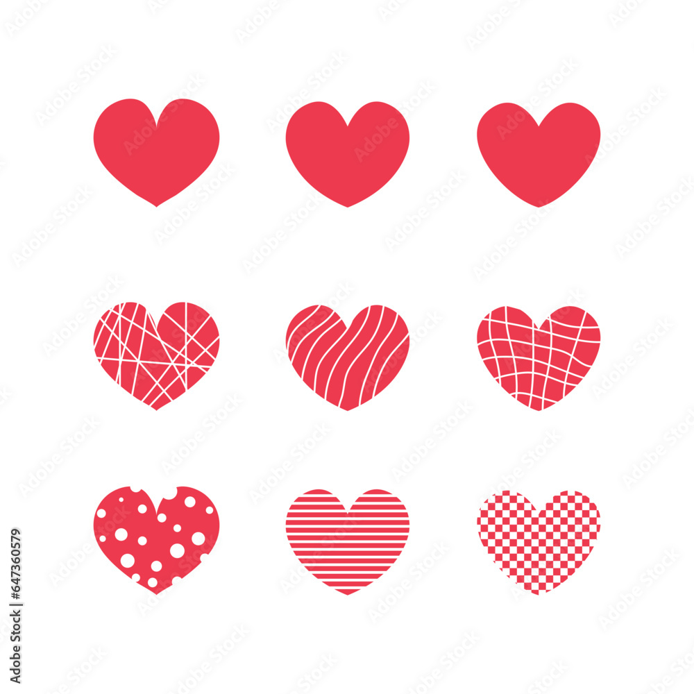 Hearts of different shapes with textures vector set