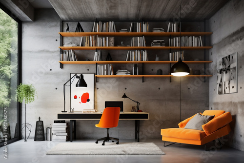 modern working room with furniture and bookshelves, in the style of dark gray and orange ,concrete wall