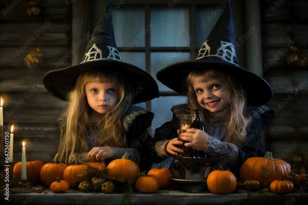 happy Halloween! two children in suits and with pumpkins in home. happy Halloween! two children in suits and with pumpkins in home.