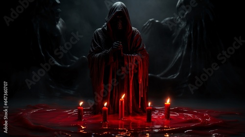 Scary grim reaper standing behind a melting and burning candle doing dark ceremony on haunting black background with copy space, Halloween event scene and poster backdrops.