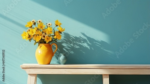 Wooden bench with yellow vase with bouquet of field flowers isolated on turquoise painted wall background, empty mock up with copy space. © Jasper W