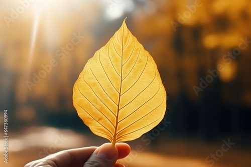 A hand holding a yellow autumn leaf close-up in sunlight