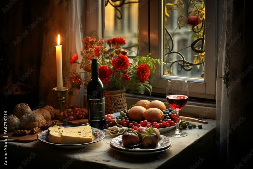Table, plate, food, bottle, wine, window, candles, windowsill, table. Generative AI