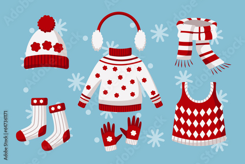 Warm winter clothes and accessories vector illustration. Knitted sweater, hat, scarf, mittens, socks and headphones with red and white design. Fashion, Christmas, weather concept
