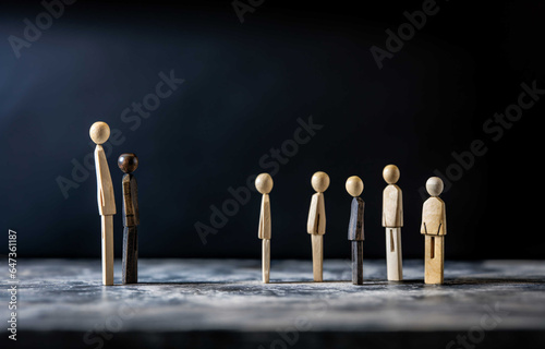Two groups of wooden figurines looking at each other. Argument and division concept.